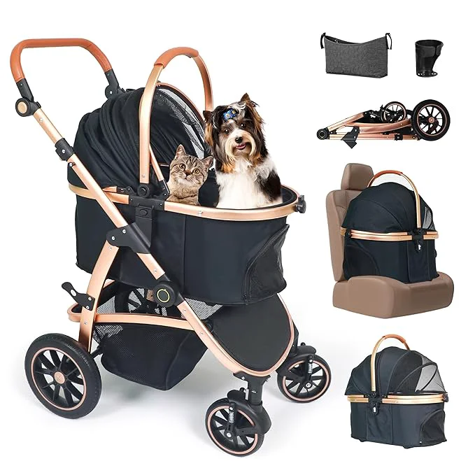 Innovative 3 in 1 Pet Stroller for Small to Medium Dogs and Cats up to 55 lbs with Detachable Carrier Car Seat 34.44×24.21x 42.91 Foldable and Lightweight Detachable Cushion Cup Holder Black Gold About ThisOverview Outstanding
