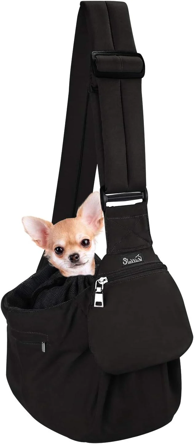 Casual SlowTon Dog Carrier Sling – Hard Bottom Support Dog Carriers for Small Dogs with Adjustable Padded Shoudler Strap Dog Purse for Puppy Cat Pet with Drawstring Opening Storage Zipper Pockets Black About ThisOverview Specialty