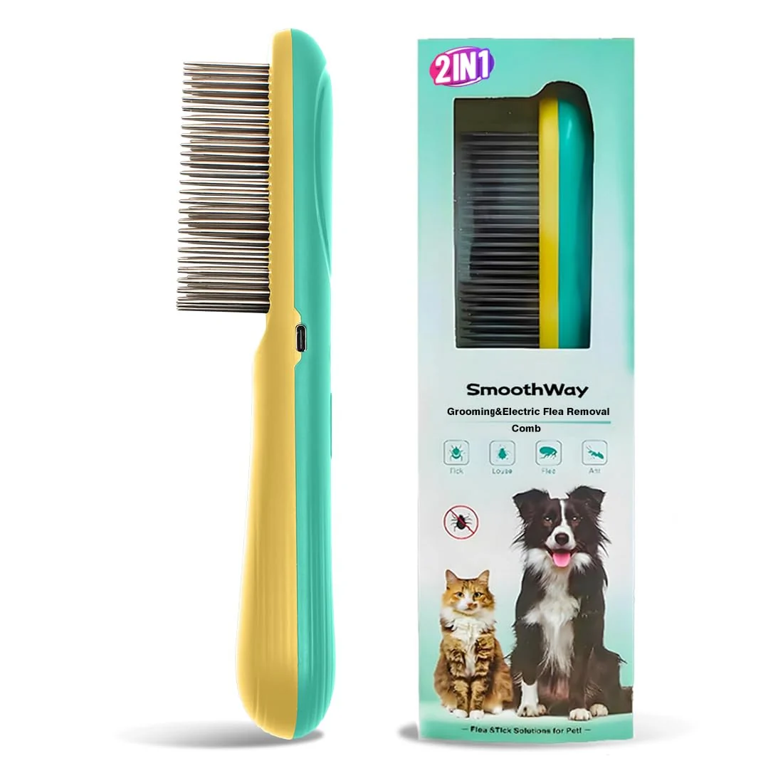 Enhanced Smoothway Professional Flea Comb for Long-Haired Dogs Cats – 3-Row Stainless Detangler with Negative Ions Reusable