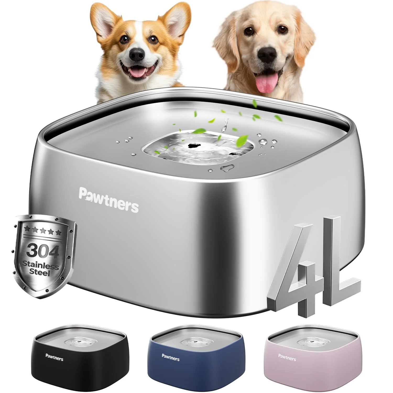 Reusable Pawtners No-Spill 4L Stainless Steel Dog Water Bowl Slow Drinking Non-Slip Certified