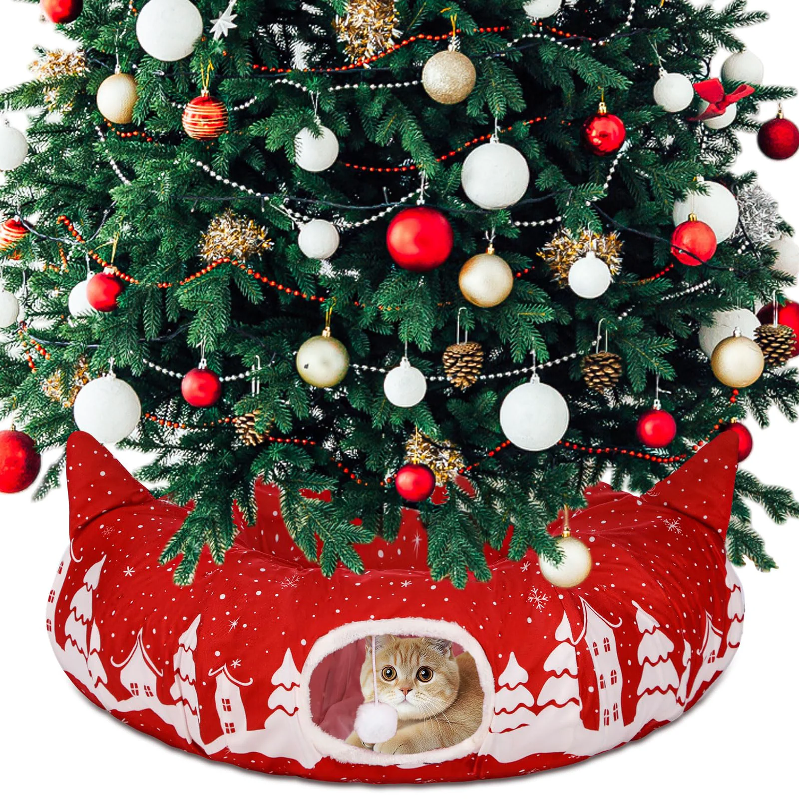Fine Crafted Kinlop Cat Tunnel with Christmas Tree Skirt – 35.4” Donut Tunnel Bed for Cats Small Pets Optimized