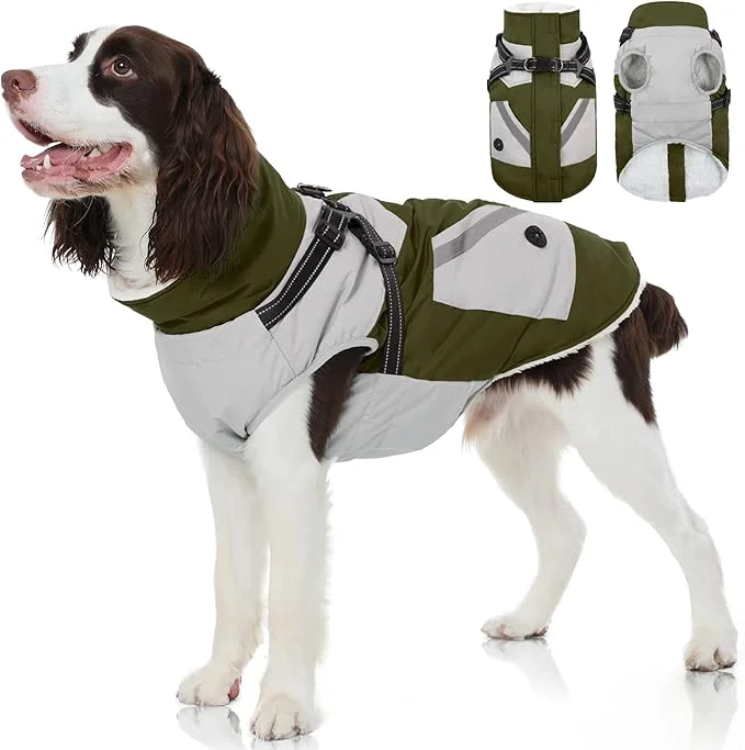 Safe FUAMEY Dog Winter Jackets for Large Dogs Dog Coat with Harness Built in Waterproof Dogs Snowsuits Warm Pet Jacket Zip Up Fleece Cold Weather Coats Reflective Puppy Vest with Pocket Green XLAbout ThisOverview Breathable