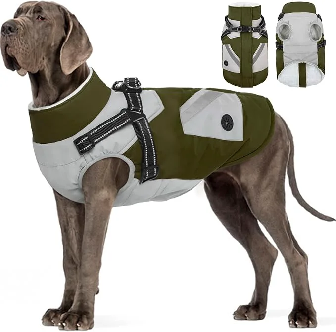 Breathable FUAMEY Dog Winter Jackets for Large Dogs Dog Coat with Harness Built in Waterproof Dogs Snowsuits Warm Pet Jacket Zip Up Fleece Cold Weather Coats Reflective Puppy Vest with Pocket Green 3XLAbout ThisOverview Modern