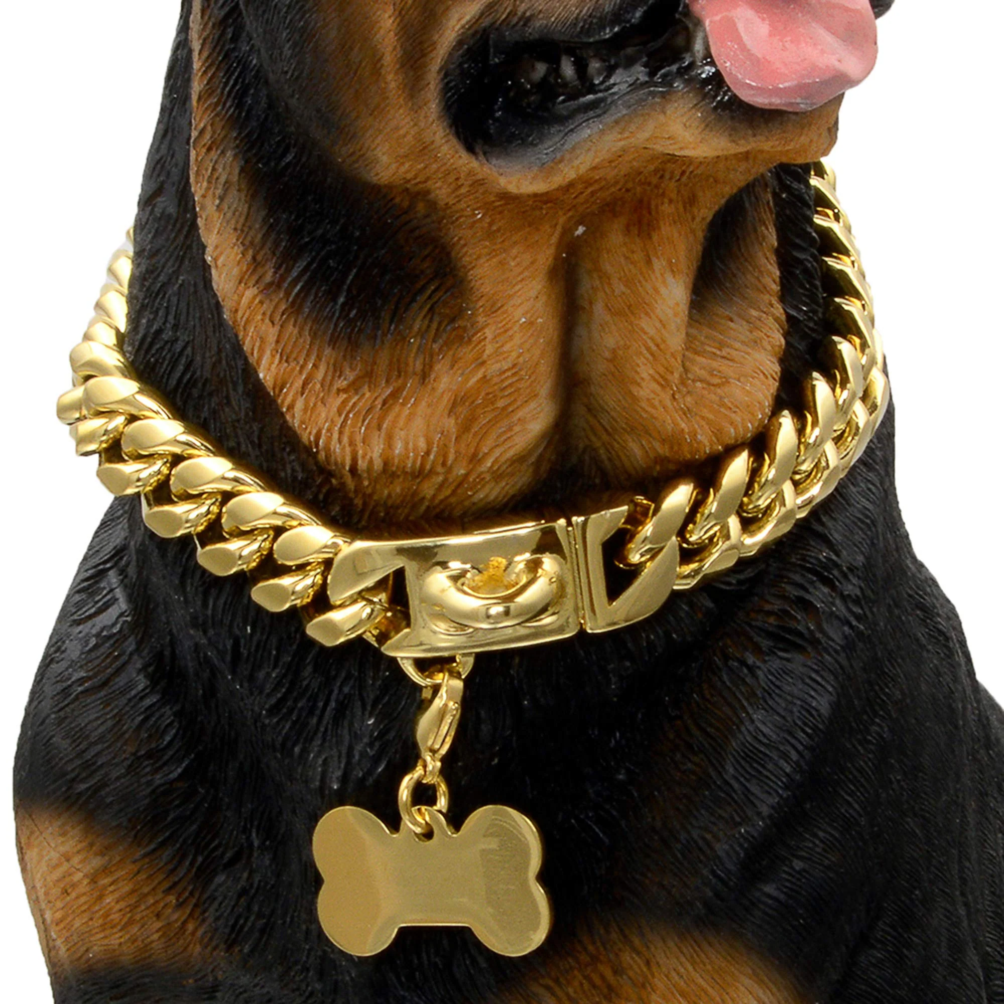 Original Design W W Lifetime Gold Dog Chain Collar 18K Cuban Link 14mm 20 inches for Medium Dogs — Heavy Duty Chew-Proof Healthy