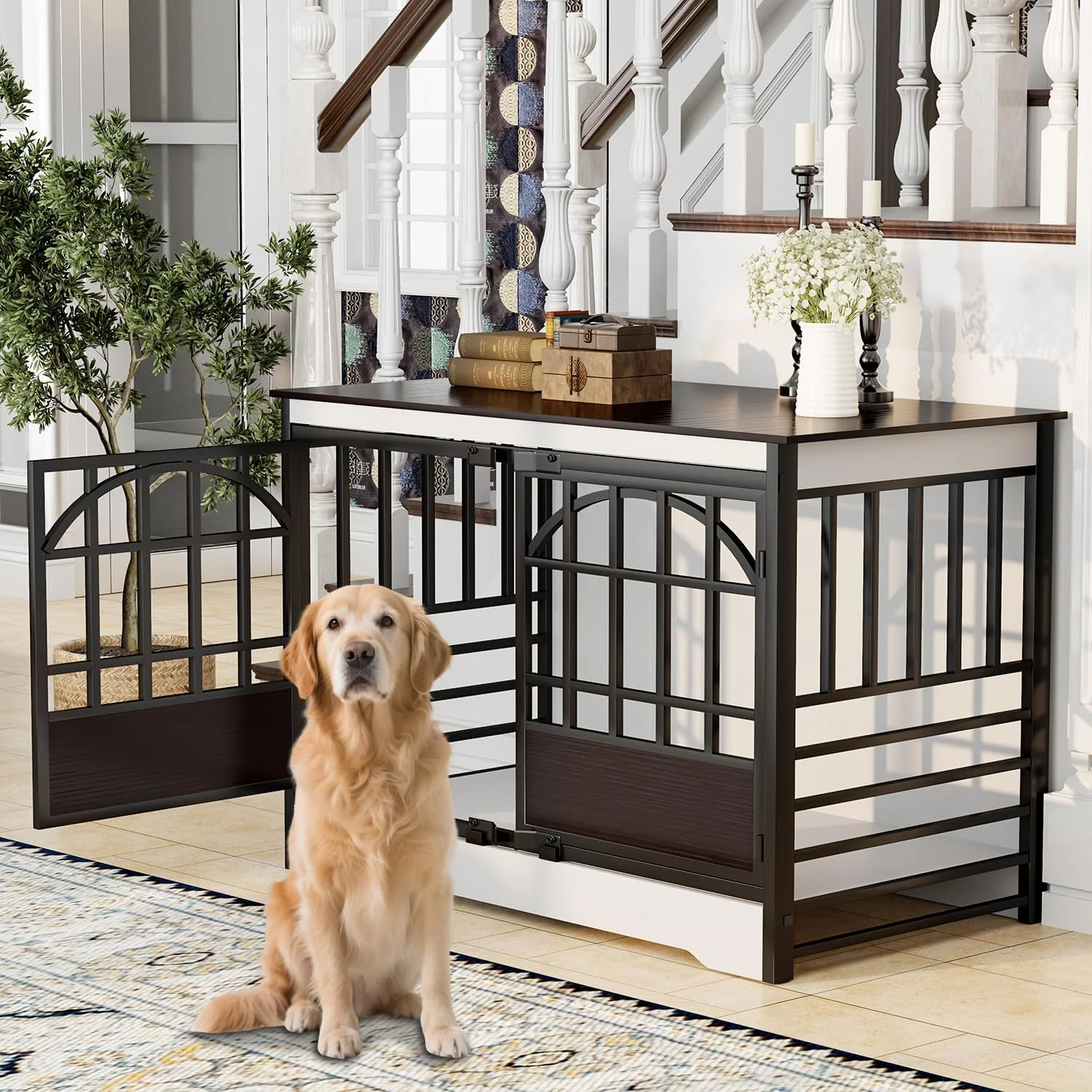 Original Design COZPAW 52 Inch Dog Crate Furniture Extra Large Dog Kennel Indoor for XLarge Breed Heavy Duty Dog Cage with Double Elegant Arched Doors Decorate as TV Stand End Table – White Brown Crafted