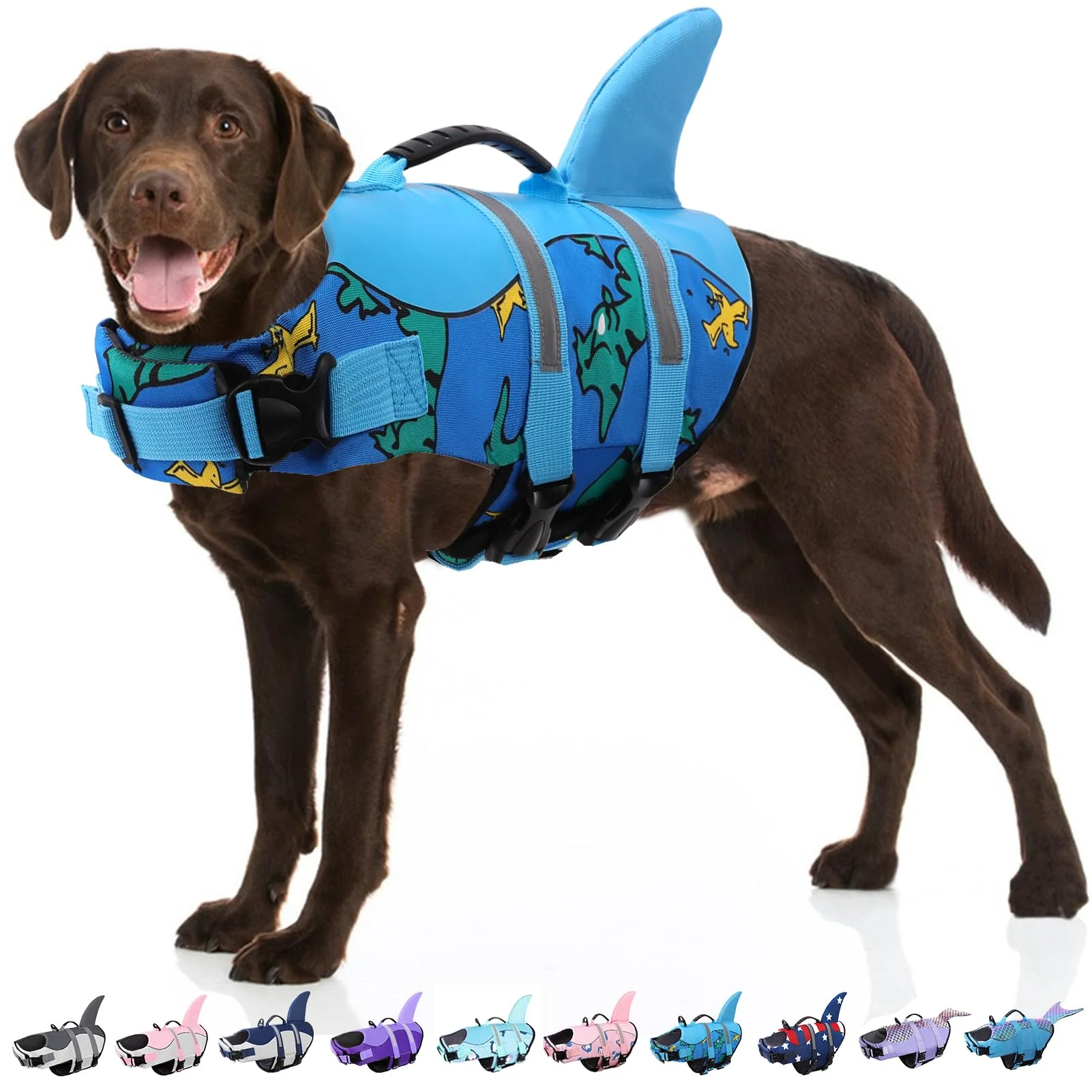 Lightweight Bess Bridal Shark Fin Dog Life Jacket – Reflective Swim Vest with Rescue Handle Blue Dinosaur S Efficient
