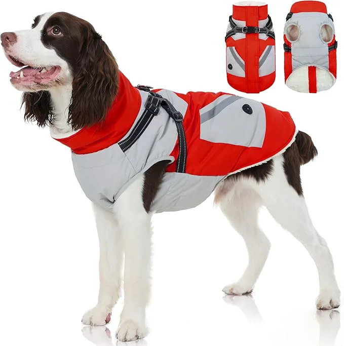 Trendy FUAMEY Dog Winter Jackets for Large Dogs Dog Coat with Harness Built in Waterproof Dogs Snowsuits Warm Pet Jacket Zip Up Fleece Cold Weather Coats Reflective Puppy Vest with Pocket Red XLAbout ThisOverview Exclusive