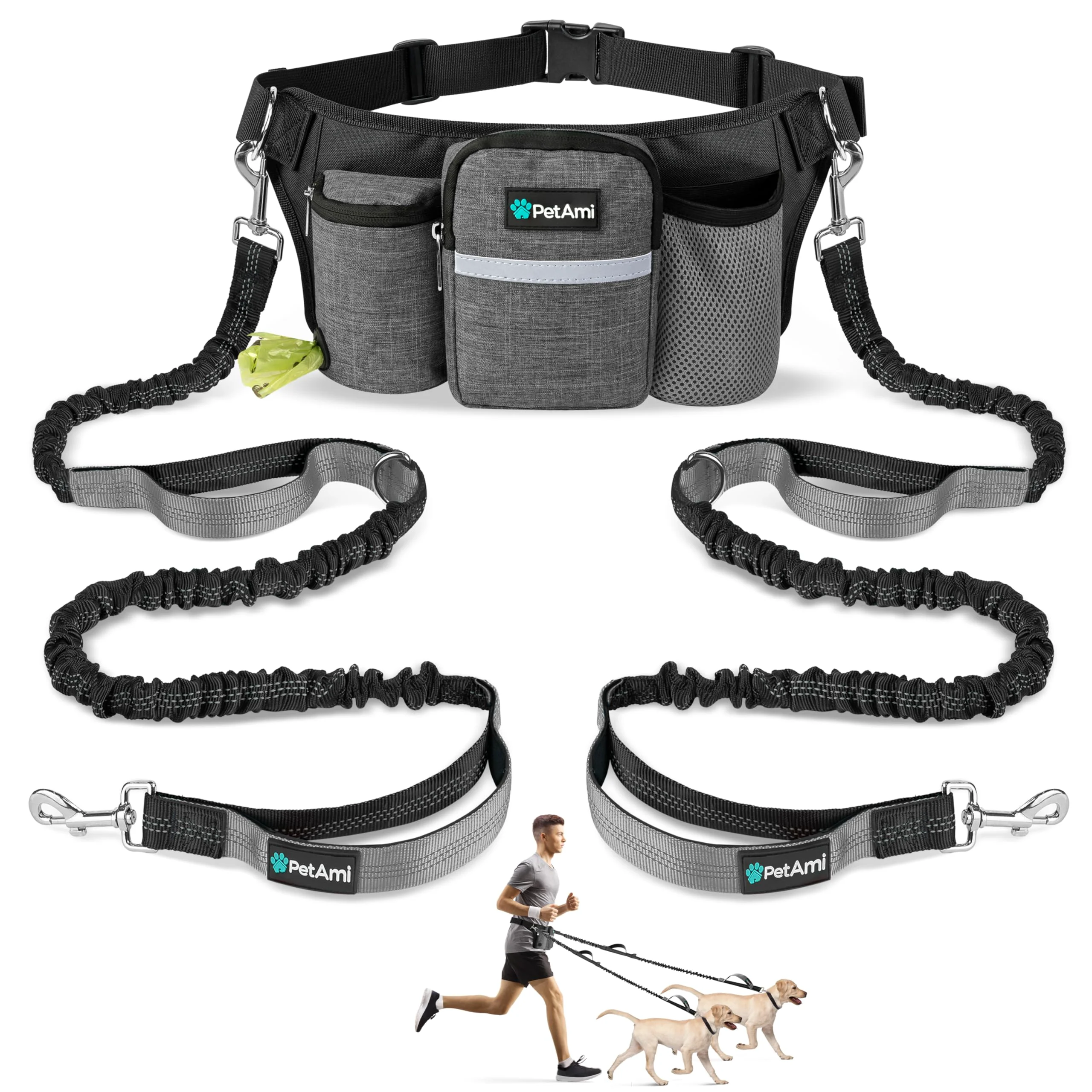 Specialty PetAmi Premium Hands- Dual Dog Leash for 2 Dogs Adjustable Waist Belt Stylish