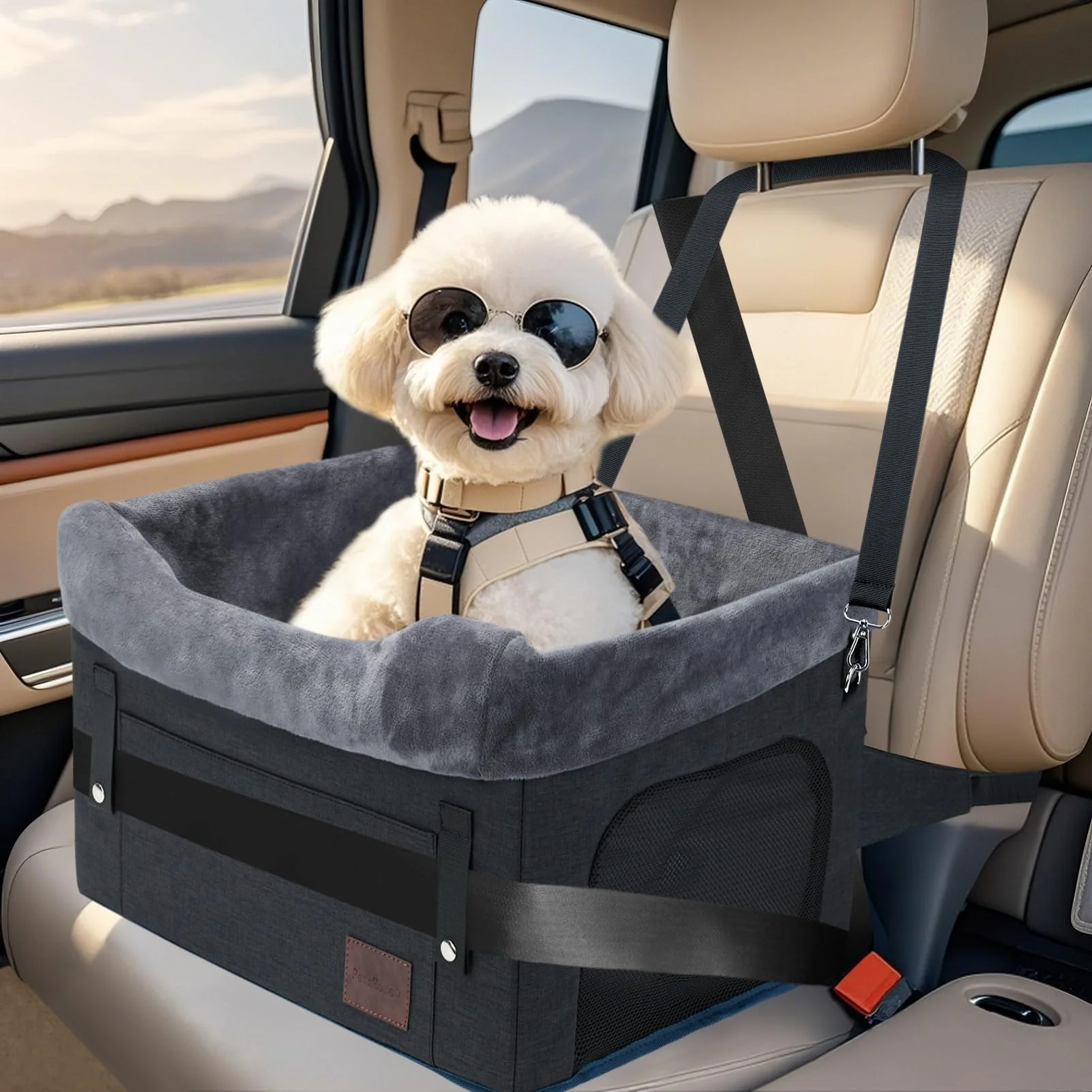 Efficient PetsHome Dog Car Seat for Small Dogs – Detachable Washable Booster Seat with Storage Safety Leash Natural