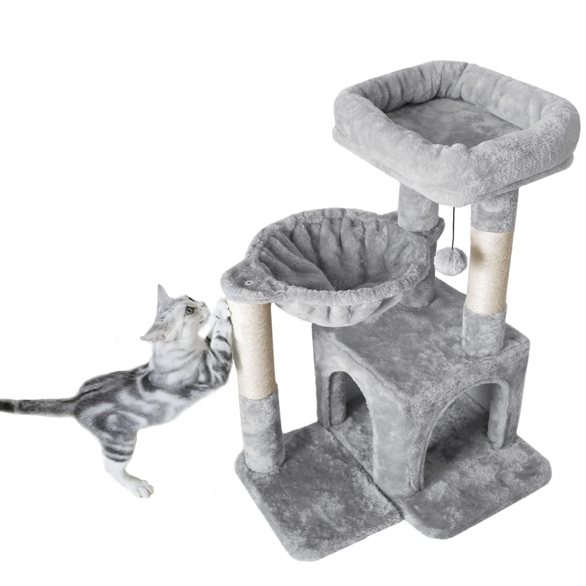 Easy-to-Use Pesofer Cat Tree Small Cat Tower with Sisal Posts Hammock – Light Gray Superior