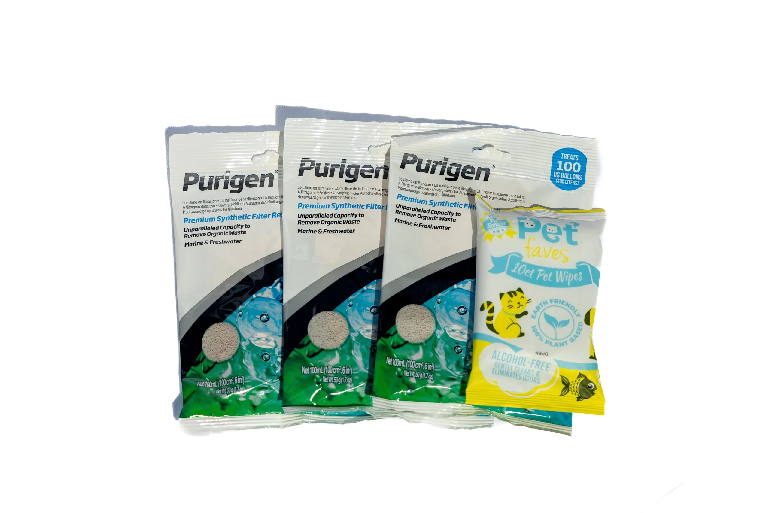 Environmentally Friendly Pet Faves Purigen Organic Filtration Resin 100ml 3 Pack – Aquarium Filter Media with 10ct Pet Wipes Soft