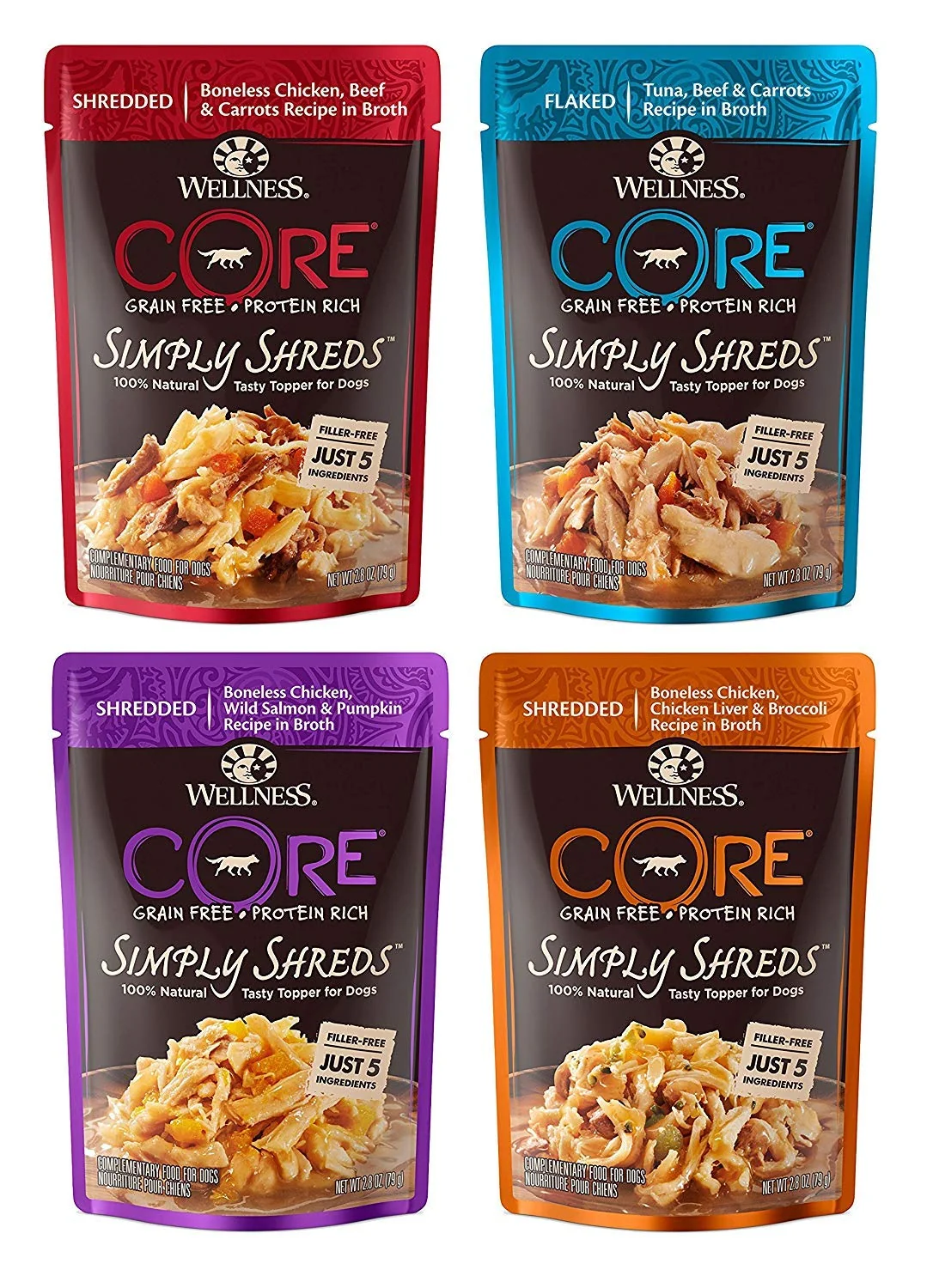 Quality Wellness CORE Simply Shreds Grain- Wet Dog Food Toppers – 4 Flavors 12 Pouches Superior
