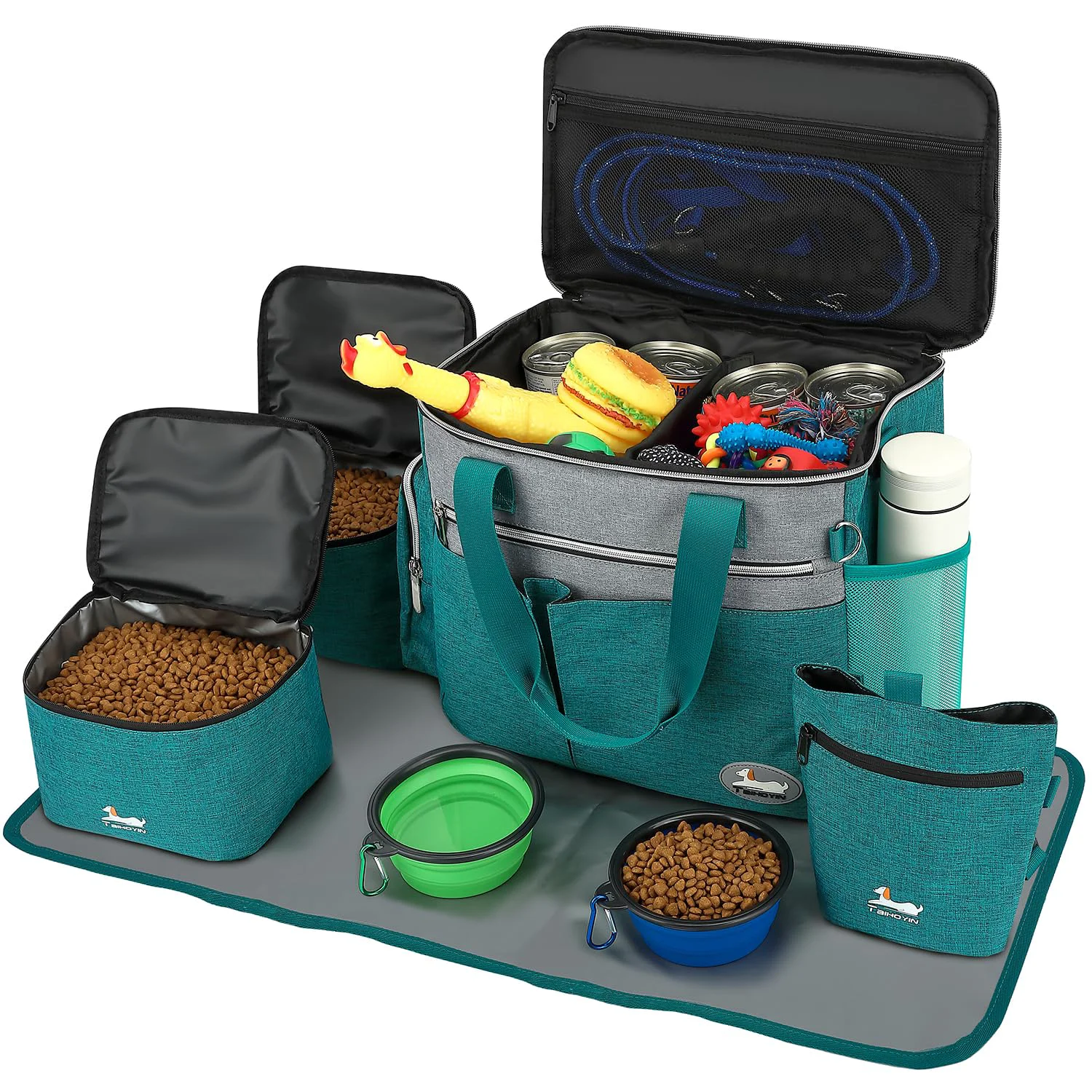 Clean TAIHOYIN Dog Travel Bag – 7-Piece Pet Kit with Collapsible Bowls Teal Convenient