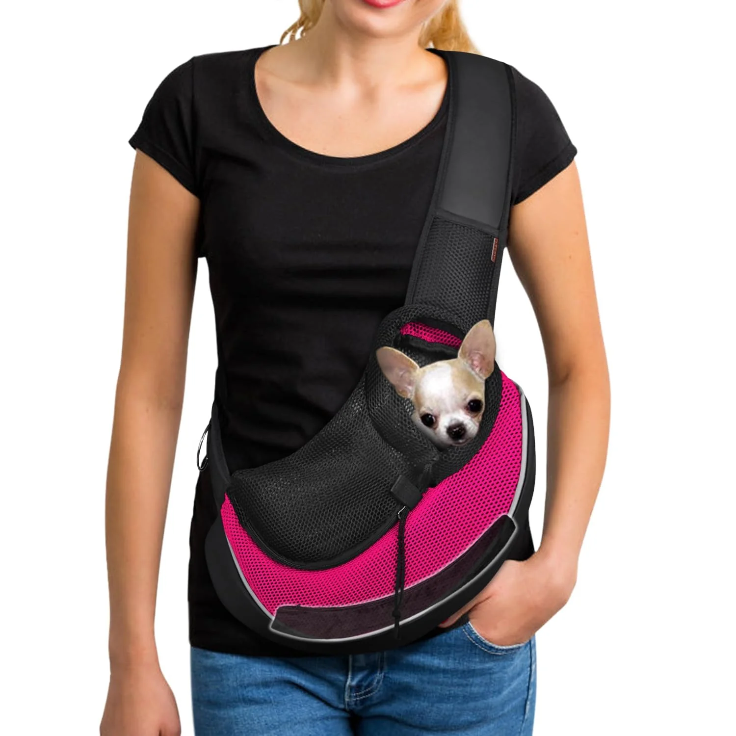 Natural YUDODO Pet Sling Carrier for Small Dogs Cats – Hands- Pink Sling with Safety Hook Large Pocket Breathable Mesh Healthy
