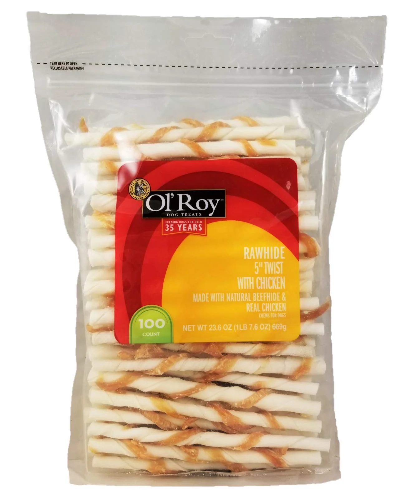 Authentic Ol’ Roy Rawhide with Chicken Twists All Natural Dog Treats – 100 Count 1 lb 8 oz Premium Material