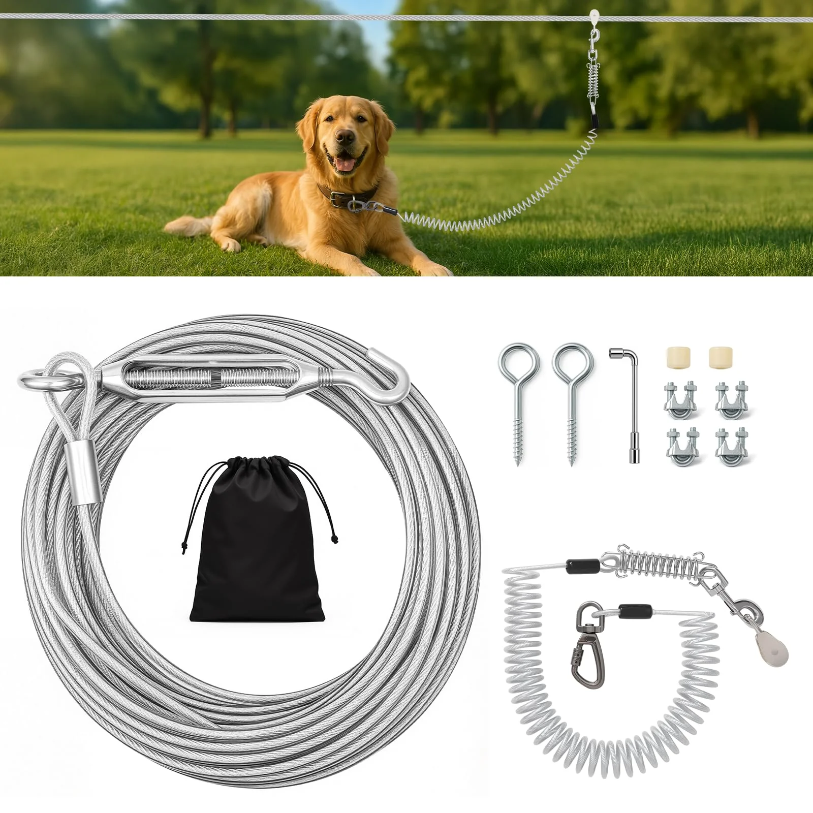 Soft T Dog Tie Out Runner – 50FT Dual Shock-Absorbing Cable Heavy-Duty Trolley System Healthy