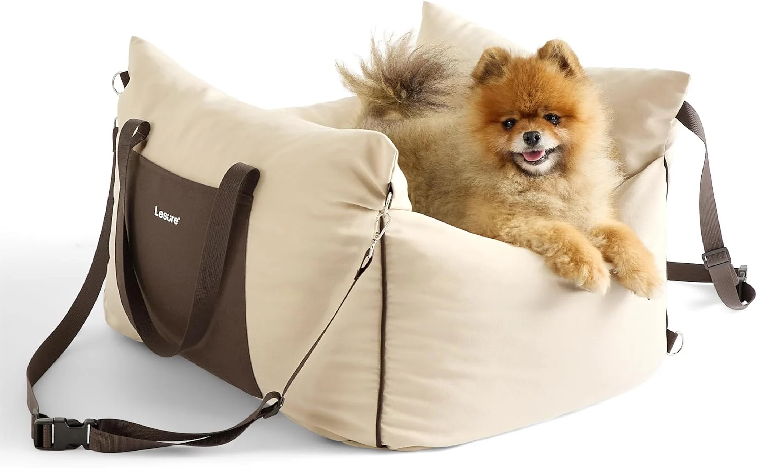 Easy-to-Use Lesure Small Dog Car Seat for Small Dogs – Dog Booster Seat for Car with Waterproof Bottom Clip-On Safety Leash and Thickened Memory Foam Filling Pet Carseat Puppy Travel Carrier Bed Beige Fast