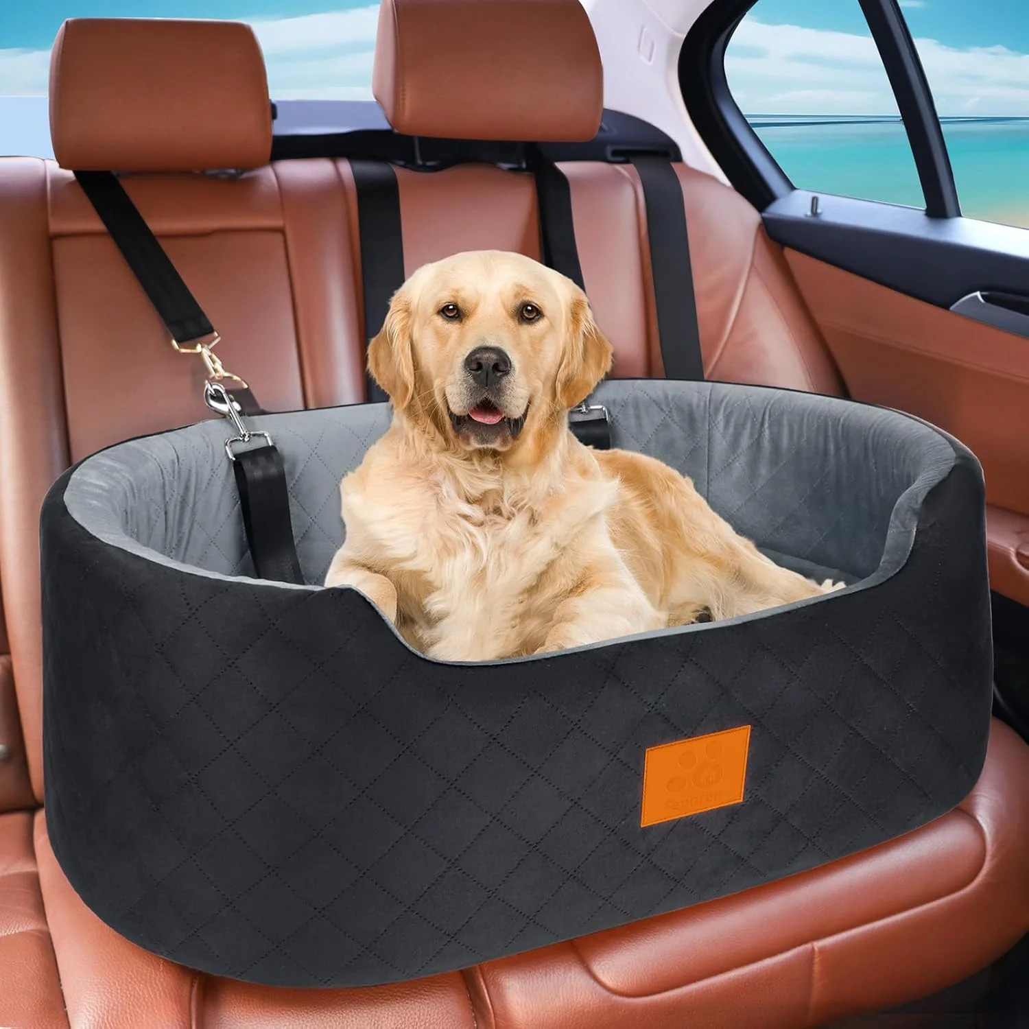 Sustainable Dog Car Seat for Medium Dogs Up to 50 lbs Pet Booster Seat for Cars SU and Trucks Travel Dog Bed with Safety Strap Thick Cushion Non-Slip Base Washable and Portable Black Gray Fashionable