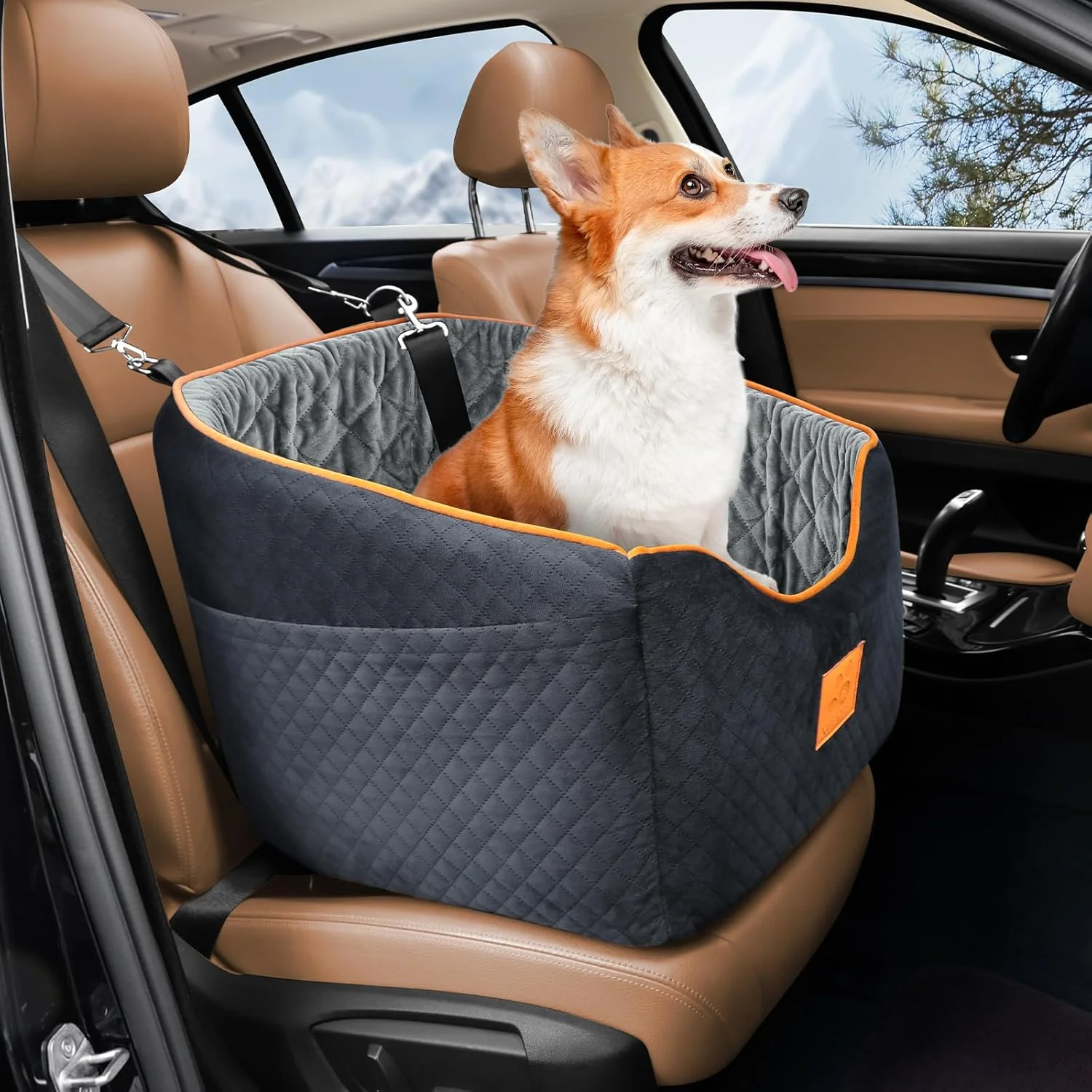 Artisan Dog Car Seat for Small Dogs Memory Foam Booster Dog Seat for Dogs up to 35 lbs d Pet Car Seat with Washable Removable Cover Storage Pockets Black Gray Eco-Friendly