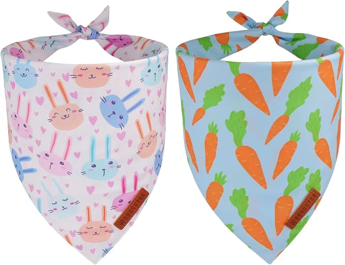 Top-Quality ADOGGYGO Easter Dog Bandanas 2 Pack Reversible Bunny Carrot Print Puppy Scarf Secure
