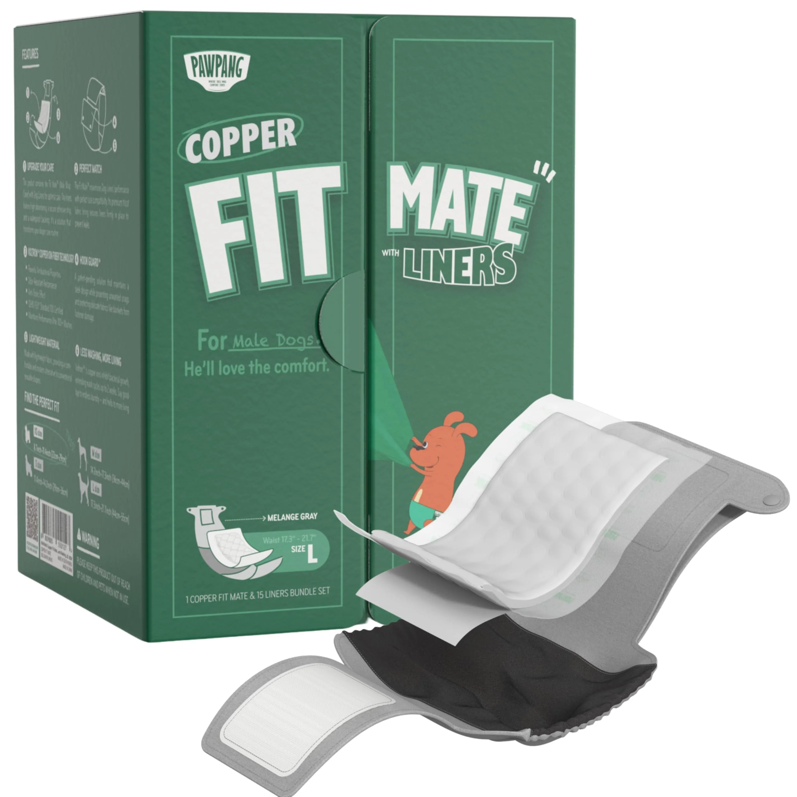 Minimalist PAWPANG Copper Fit Mate – Washable Male Dog Belly Band Kit L with 15 Liners Outstanding