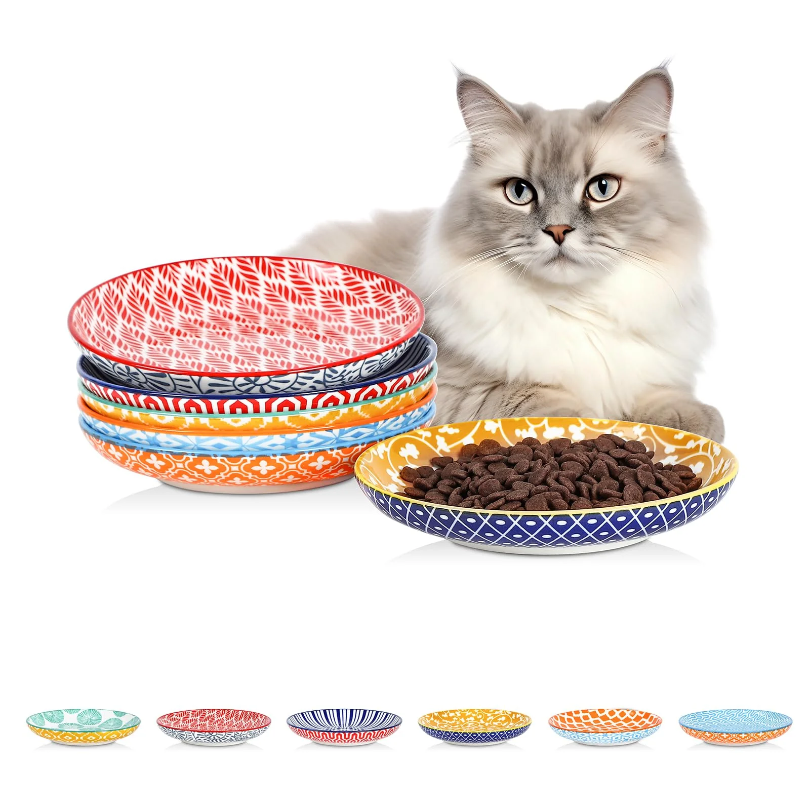 Convenient Selamica Ceramic Cat Bowls – 6-Inch Wide Shallow 6-Piece Set in Assorted Colors Selected