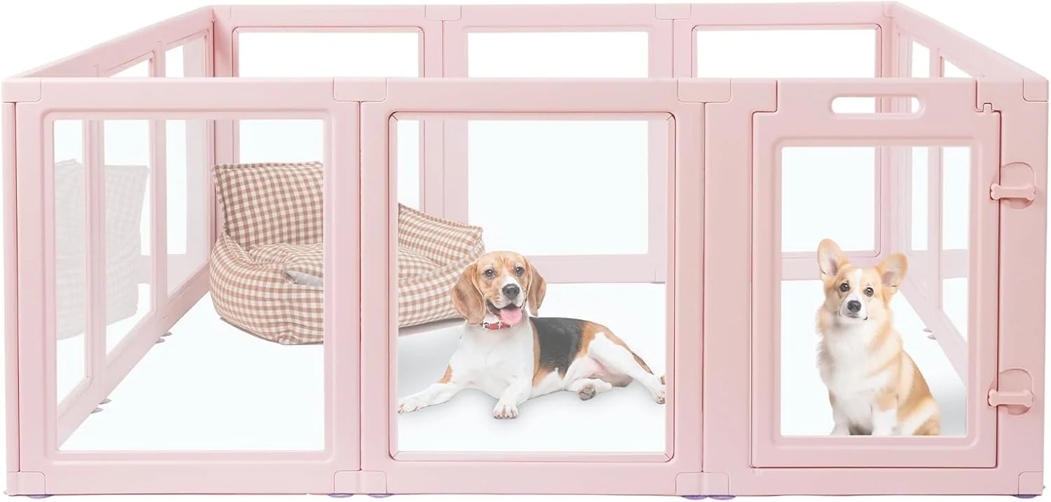DIY Clear Acrylic Dog Playpen House Quick Easy Assembly and Disassembly Strong Floor Suction Indoor and Outdoor Use Easy Cleansing Puppy Fence Skin Pink 23.6 H 10PCS Long-Lasting