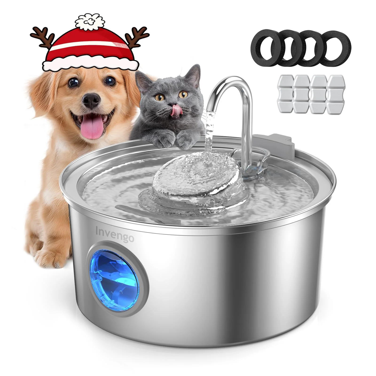 Smooth Invengo Cat Water Fountain Stainless Steel – 3.2L 2 Flow Modes Quiet Splash-Proof Clean