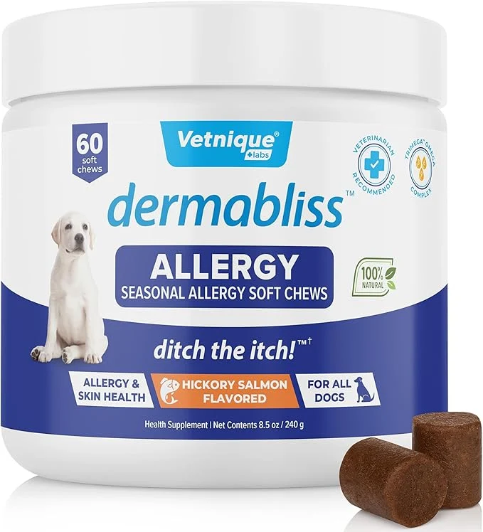 Quality Vetnique Dermabliss Seasonal Dog Allergy Relief Immune Support Supplement Allergy Chews for Dogs Itching and Licking with Omega 3 Fish Oil Probiotics for Itch Relief 60 Count Chews About This Official