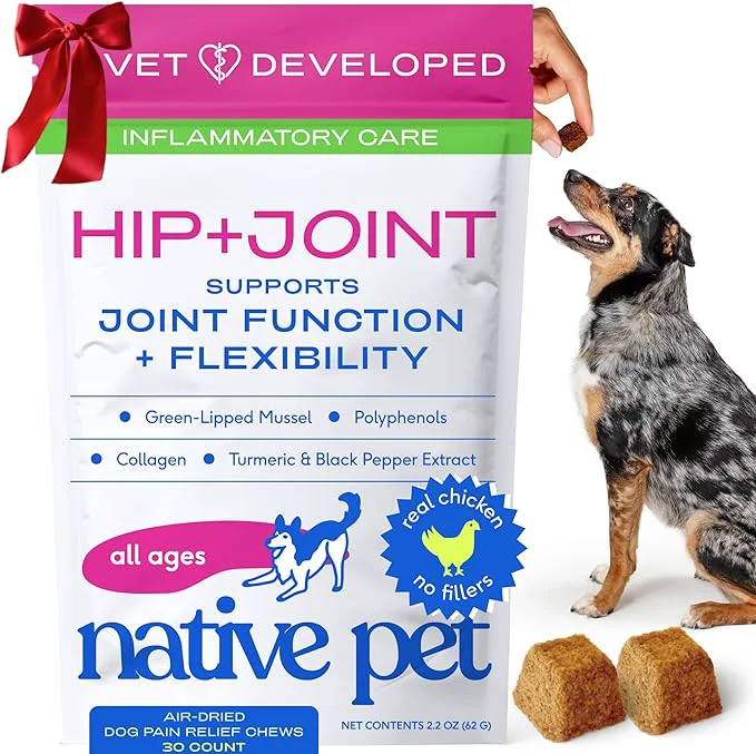 Fine Native Pet Pain Relief for Dogs – Collagen for Dogs Promotes Joint Health Reduce Inflammation Stiffness – Senior Pup Joint Supplement – Natural Pain Reliever for Active Aging Pets – 30 ChewsAbout This Official
