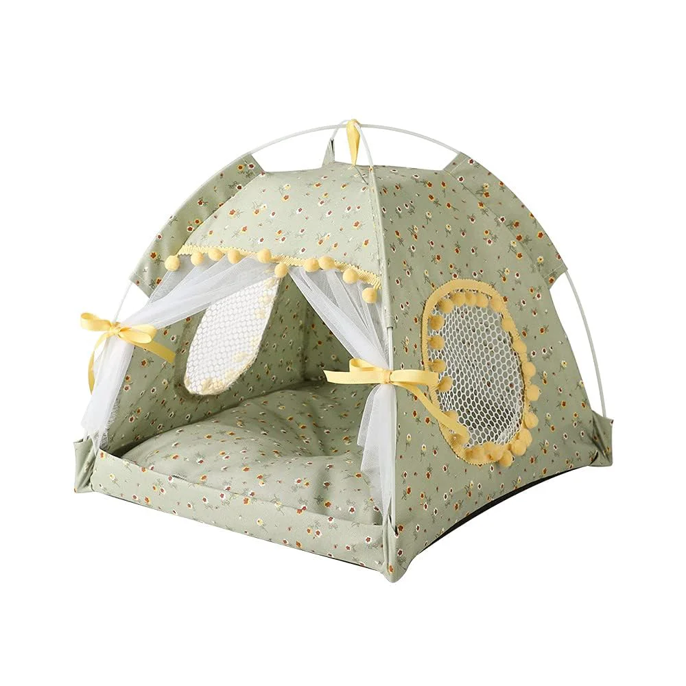 First-Class Selena Cat Bed Tent Medium Green Yellow – Portable Indoor Outdoor Nest Teepe House Authentic
