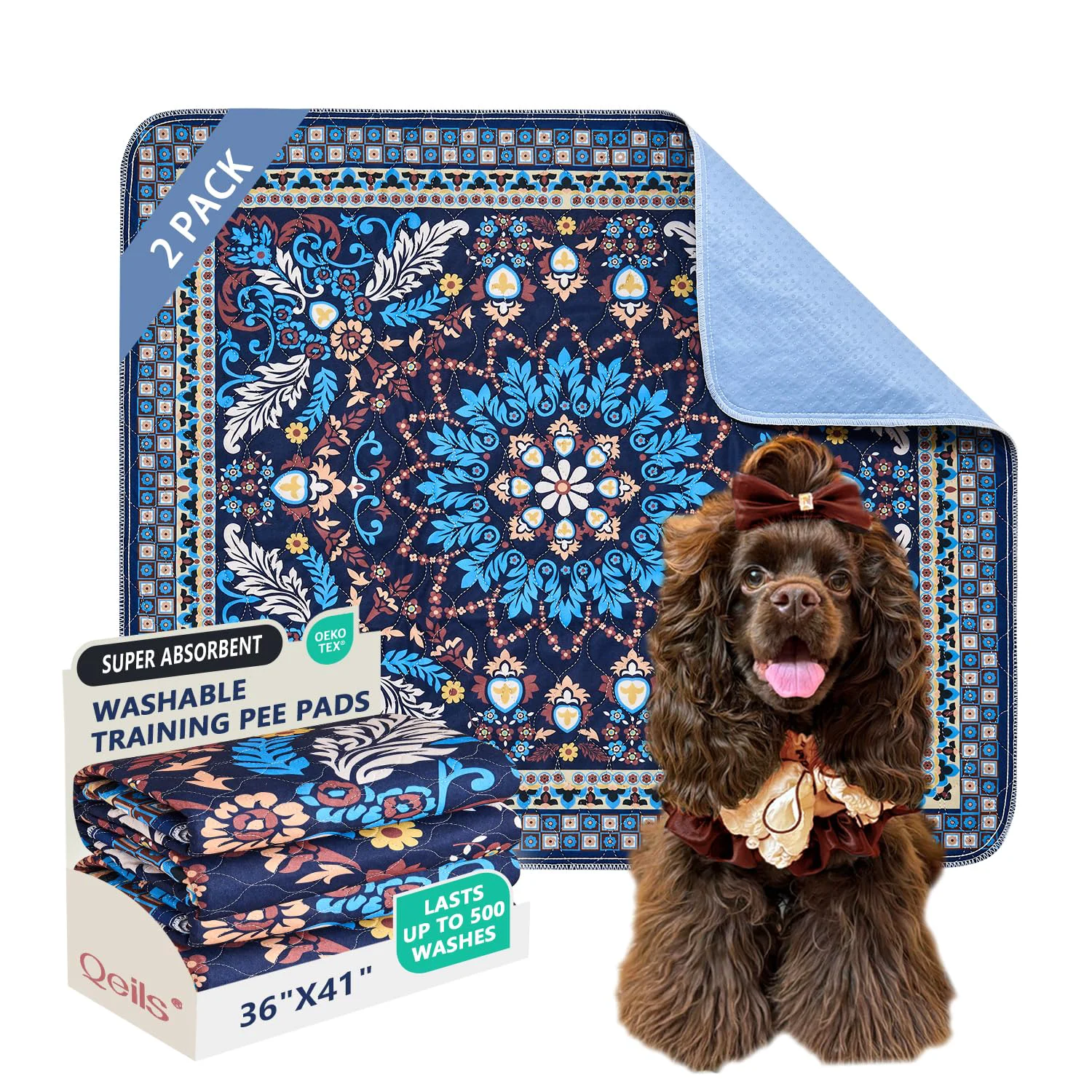 High-Grade Qeils Washable Puppy Pads 2-Pack 36×41 — Reusable Leakproof Non-Slip Solid