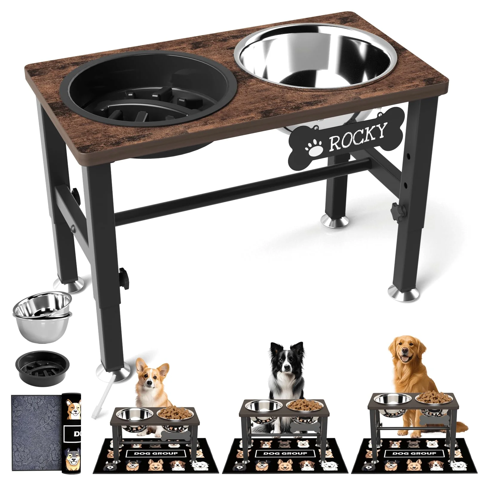 Refined SHAINFUN d Dog Bowls with Slow Feeder Mat — 16-Inch Tall Adjustable Raised Stand for Medium Large Dogs 2 Stainless Steel 58oz Bowls Proven