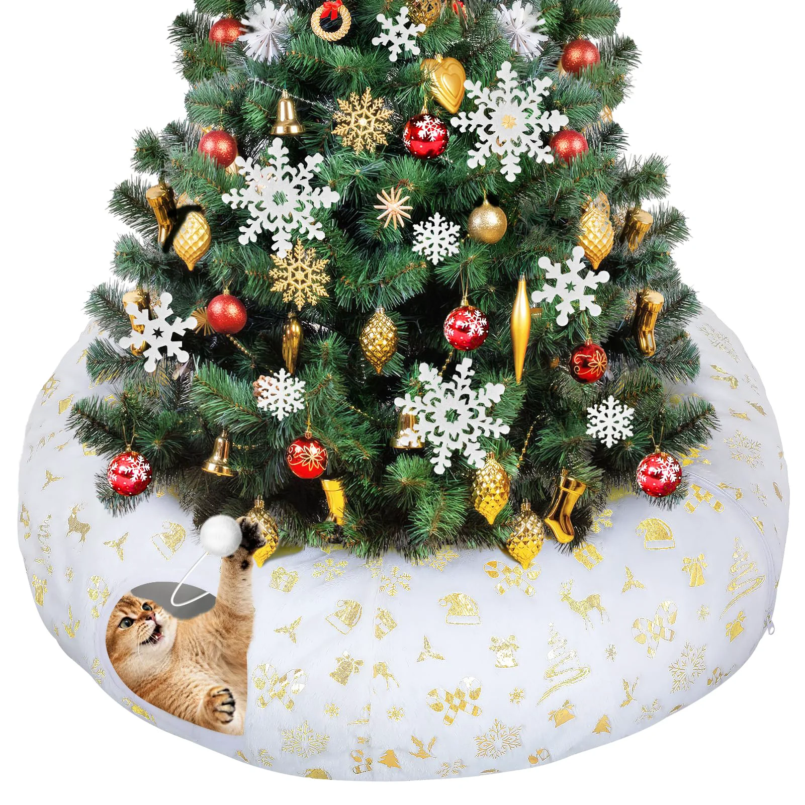 Fast Beeplove Cat Tunnel Christmas Tree Skirt Donut Bed – White Golden Unique