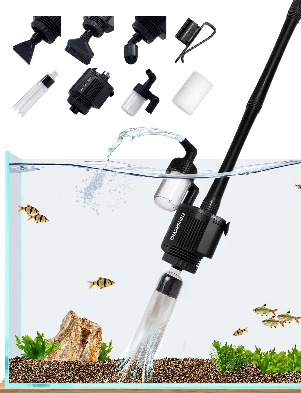 Modern Charmshine 2025 Edition Electric Aquarium Gravel Cleaner with Filter Cup Hose Clamp Consistent