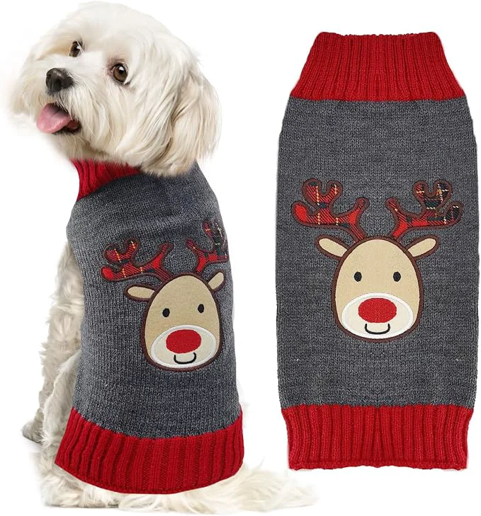 Flexible Dog Christmas Sweater Xmas Pet Clothes Cute Gray Reindeer Holiday Puppy Cat Unique