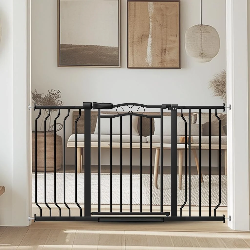 Soft Baby Gate for Stairs 29.53 -53.1 Extra Wide Pressure Mounted Dog Gate Indoor Walk Thru Pet Gate for Cat Dog Child Pet Gates for The House Doorway Black Natural