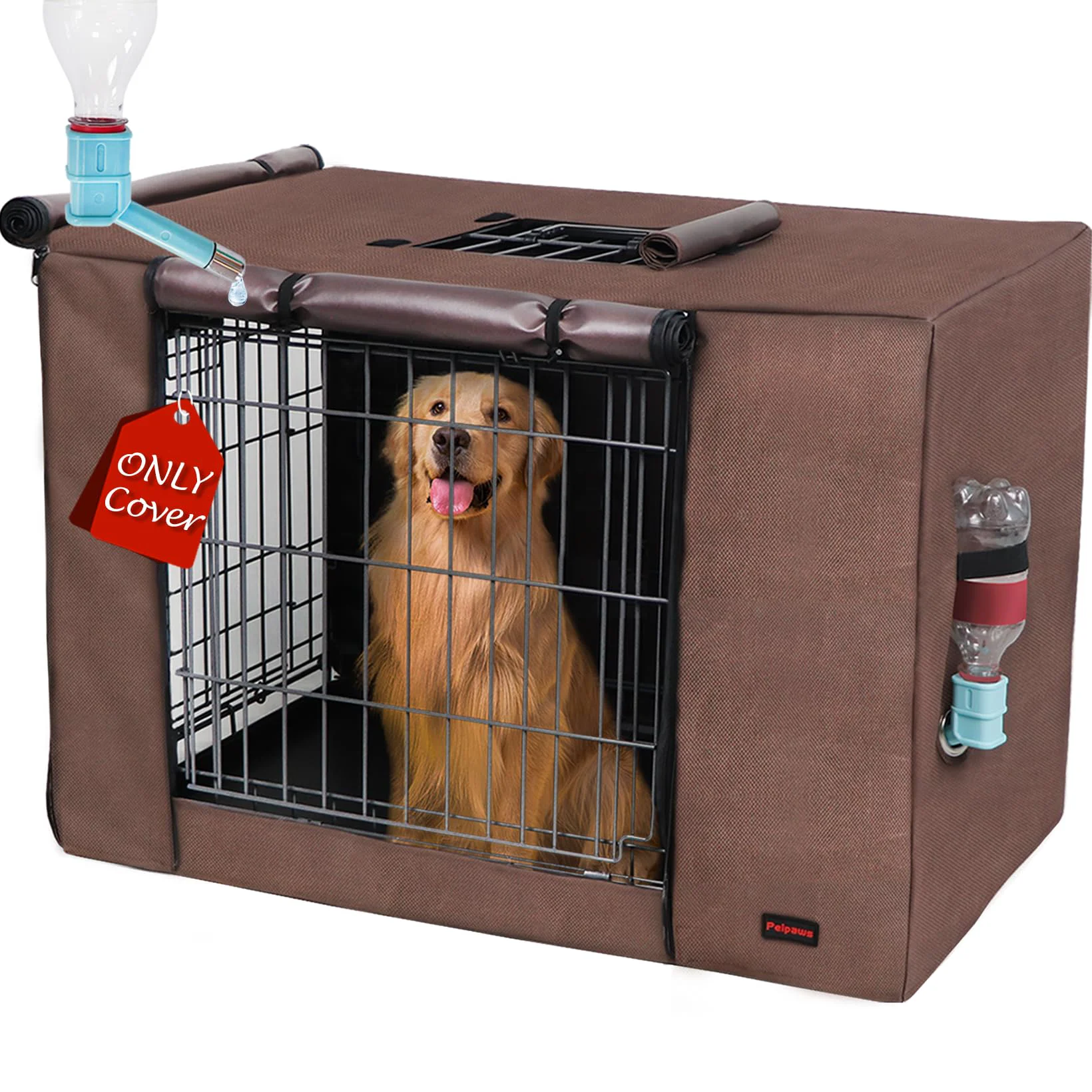 Premium Material Peipaws Dog Crate Cover 48 Inch- Three Doors Waterproof Dog Kennel Cover 600D Oxford Fabric Cage Covers with a Water Bottle Nozzle Allowing Dogs to Drink Water at Any Time. Brown Cover Only Secure