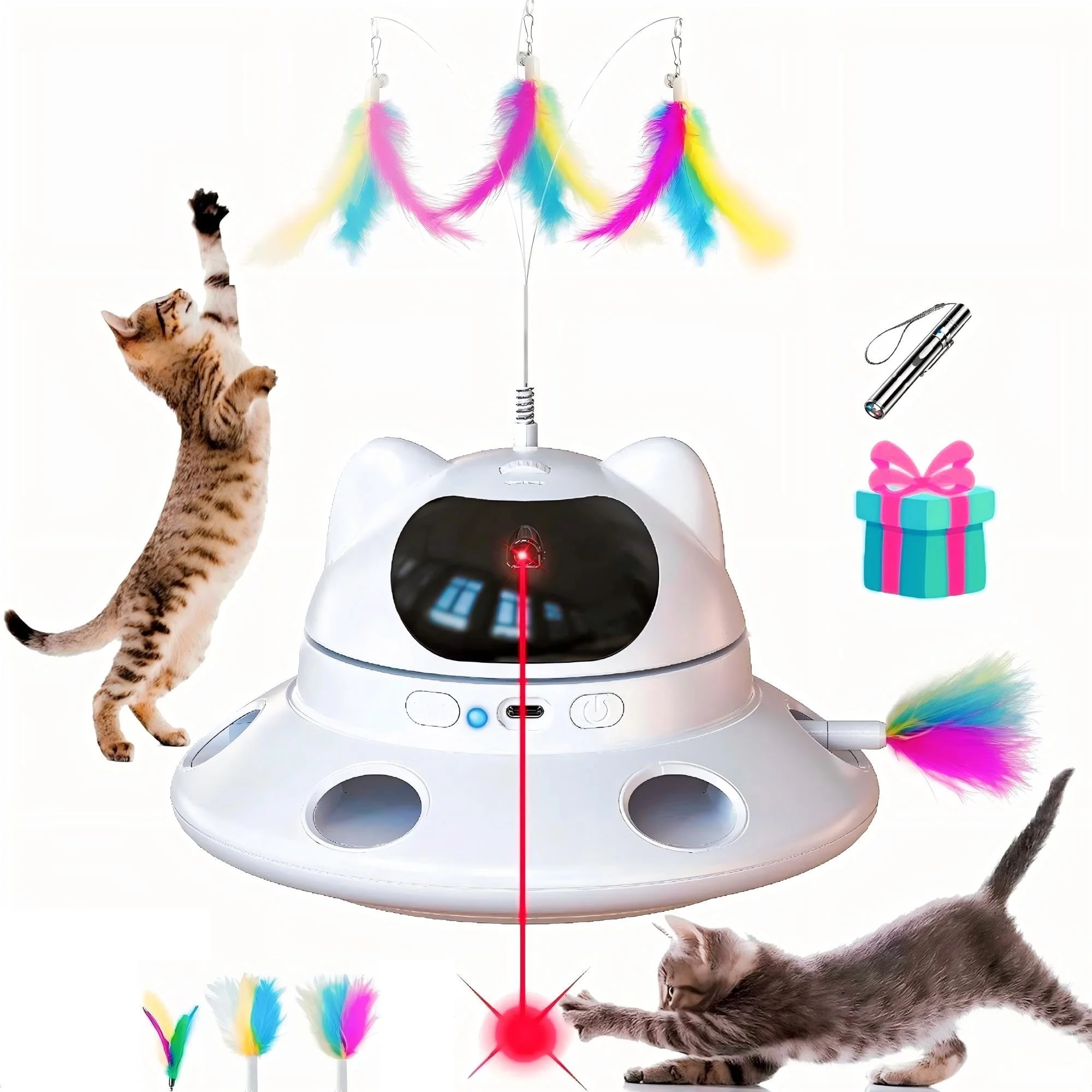 High-Grade QUEOPFU Cat Laser Toy 3-in-1 – 360° Laser Interactive Feather USB-C Rechargeable Reliable