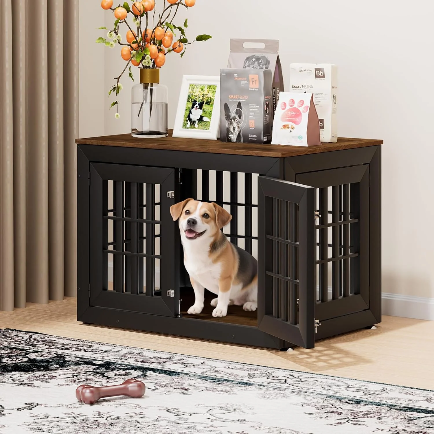 Crafted 38 Heavy Duty Dog Crate Furniture for Small Medium and Large Dogs Rustic Wooden Dog Cage Kennel Indoor Furniture with Waterproof Top Decorative Pet House Side End Table Black Wood Authentic