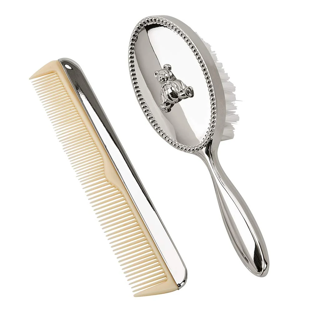 Next-Generation Creative Gifts International Teddy Bear Silver Tone 6-Inch Nickel-Plated Brush Comb Kit Set Secure
