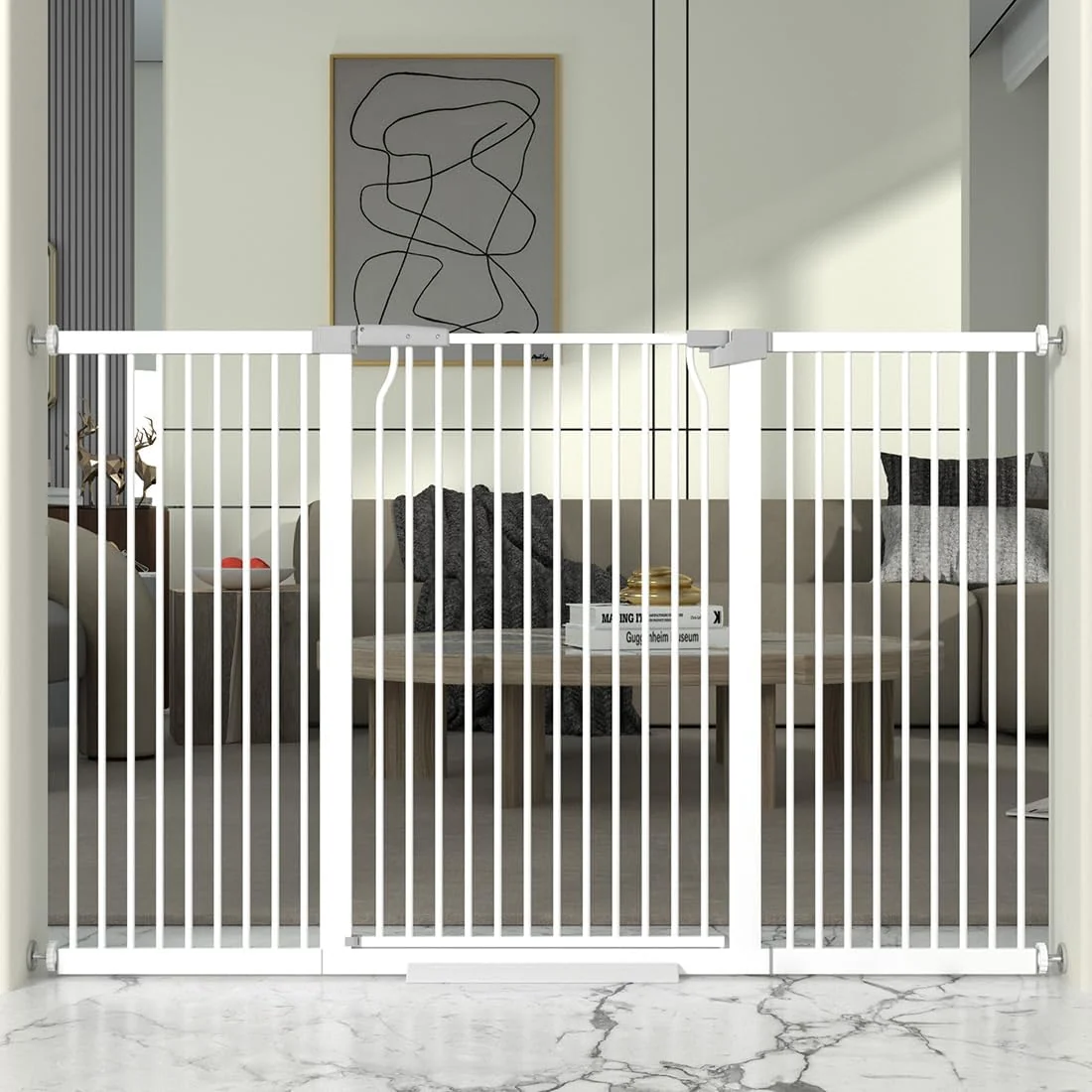 Elite 41 Extra Tall and Wide Baby Gate 63-65.7” Wide Pet Cat Gate for Doorway Extra Wide Pressure Mounted Child Door with Expansion Kit Metal Safe Gate Tall Dog Gate White Genuine