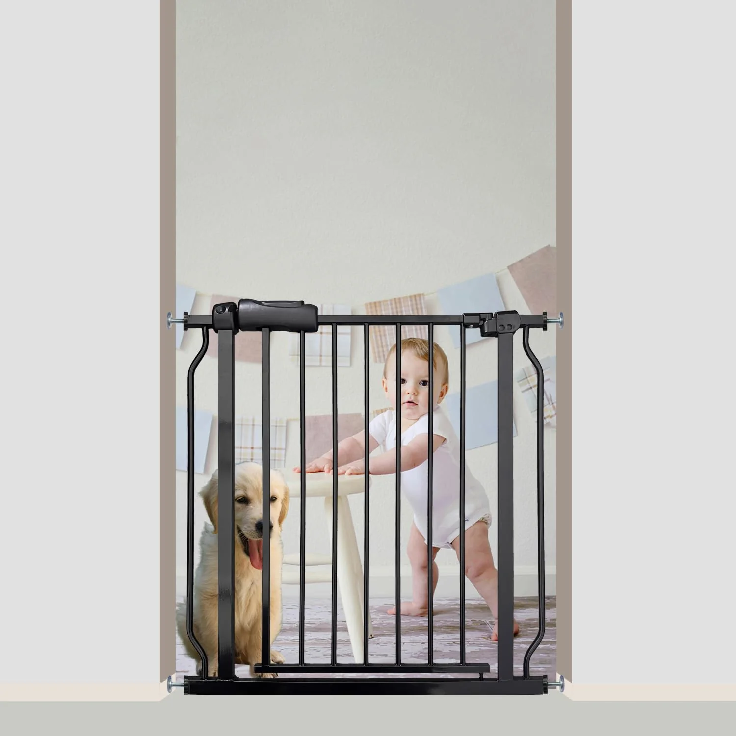Next-Generation Walk Through Baby Dog Gate 29-34 Inch Tension Mounted No Drilling Indoor Safety Gate for Stairs Doorways Metal Design for Kids and Pets Black Trendy