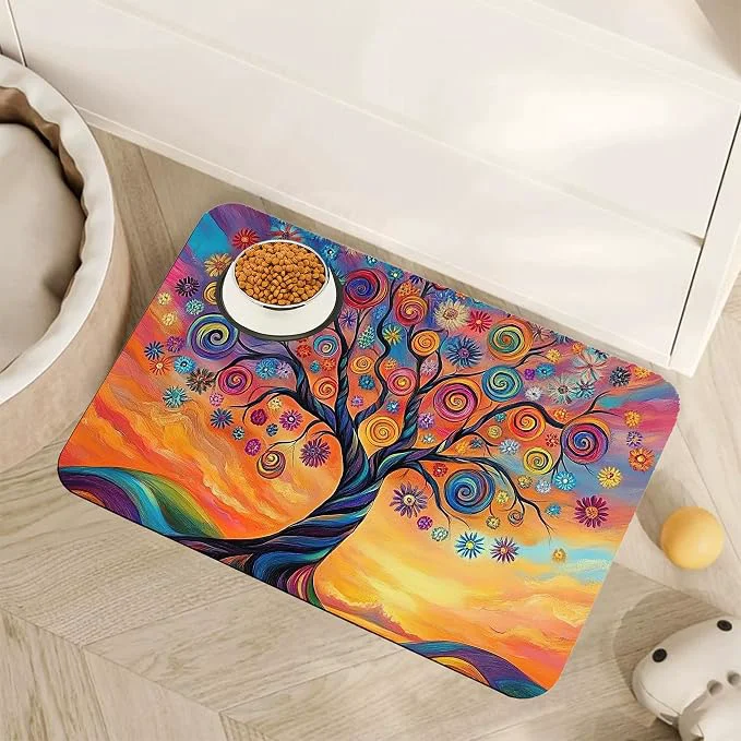 Top-Quality Abstract Tree Flowers Dog Food Mat Functional