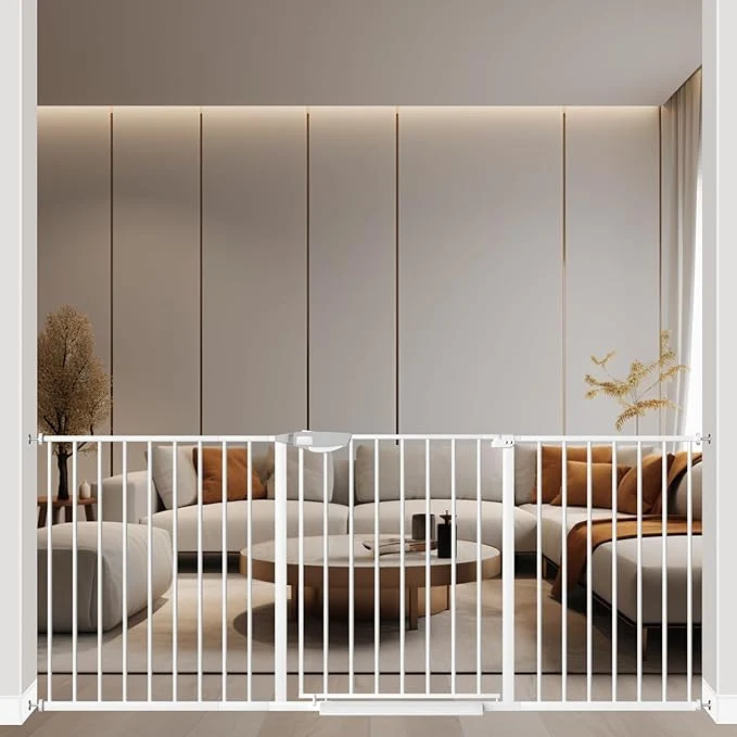 Optimized ALLAIBB Triple Lock Extra Wide Baby Gate Pressure Mounted Walk Through Safe Auto Close White Metal Dog Pet Puppy Cat for Stairs Doorways Kitchen 68.11-75.98 About ThisOverview Breathable