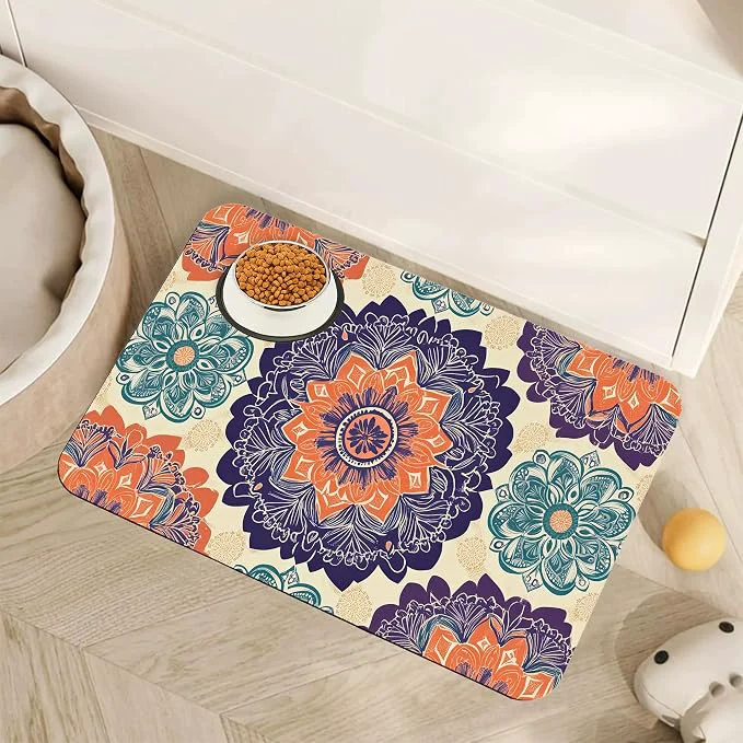 Modern Mandala Flower Dog Cat Food Mat Vintage Boho Floral Absorbent Pet Feeding Mat Stylish
