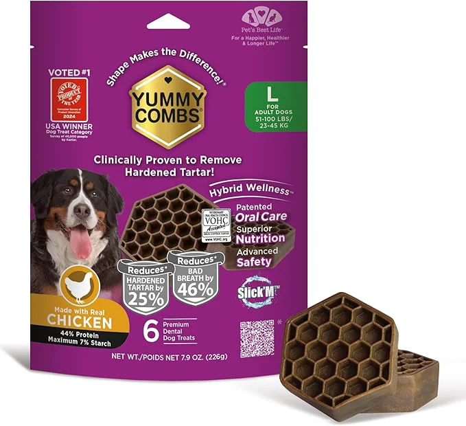 Long-Lasting Yummy Combs Dog Dental Treats – Vet VOHC Removes Tartar Cleans Teeth – Yummy High Protein Chicken Treat for Large Dogs Mini Pack 6 Count About ThisOverview Breathable
