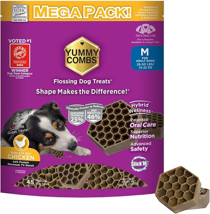 First-Class Yummy Combs Dog Dental Treats – Vet VOHC – Delicious Chicken Protein – Removes Tartar with Cleaning Comb Shape – Dental Dog Treats for Medium Dogs 36oz 45 Count About ThisOverview Elegant