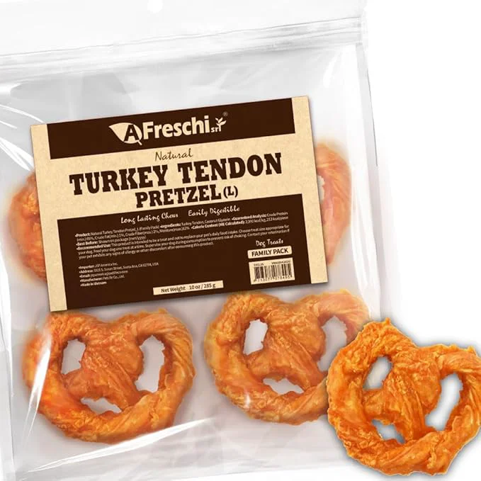 Verified AFreschi Turkey Tendons for Dogs USA-Sourced Healthy Dog Treats Rawhide- Puppy Chews Long Lasting All Natural Hypoallergenic Dog Treats for Large Breeds 10 oz Pack Pretzel L About This Convenient