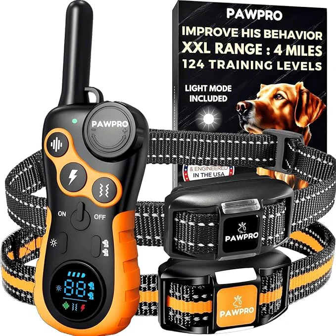 Premium Material Dog Shock Collar with Remote 4-Mile Range Night-Light Mode Training Guide Included 124 Training Levels 4 Modes Beep Vibration Shock Waterproof Rechargeable Fits All Dogs 2 Collars About ThisOverview Healthy